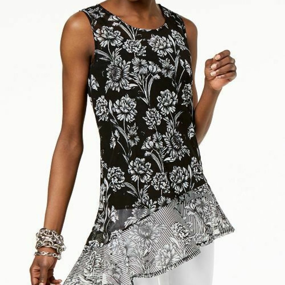 INC Black & White Floral Sheer Asymmetrical Top
